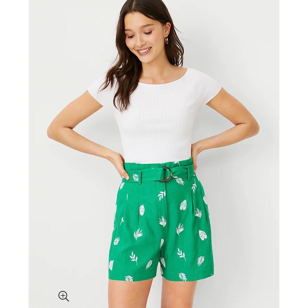 NWT ANN TAYLOR Embroidered D-Ring Paperbag Shorts Sweet Clover, Sz 4